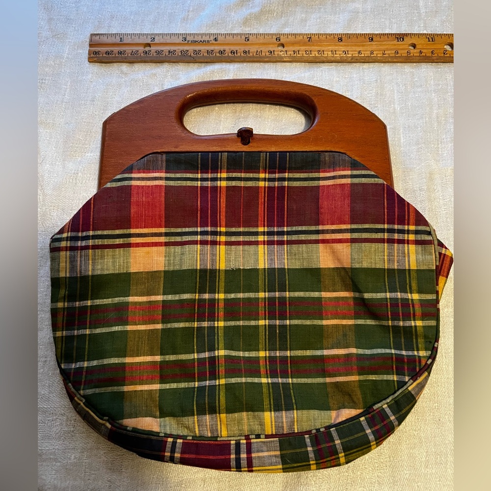 Plaid Mini Tote Bag with Wooden Handle - Green & Red